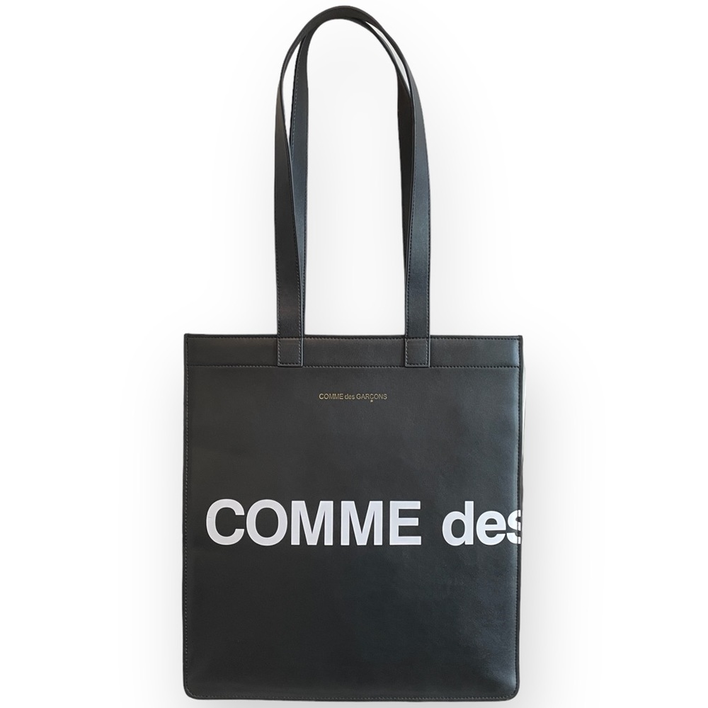 Like New Comme Des Garçons Unisex Black Leather Logo Tote Bag
